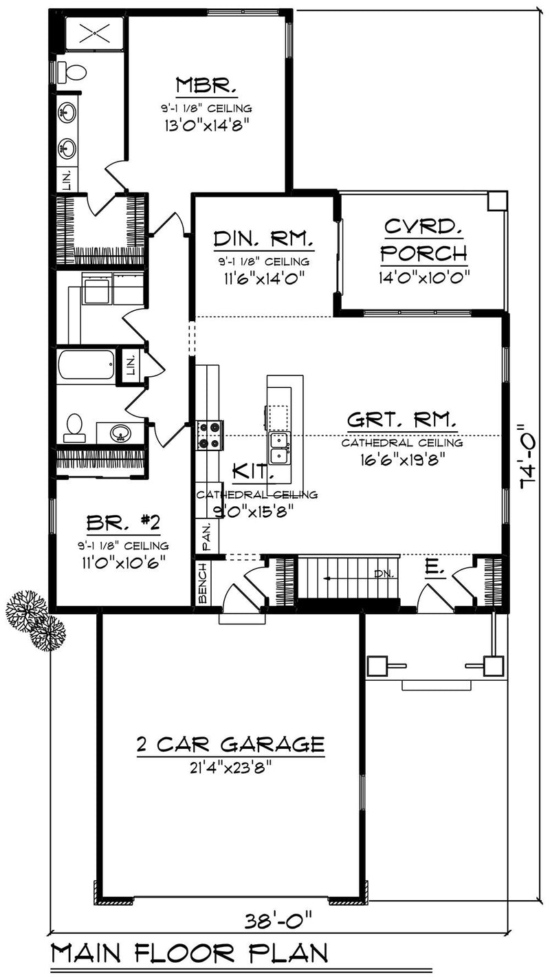 64618-Front-Narrow-Traditional-Ranch-house-plan-2-Bedroom-2-Bathroom_2
