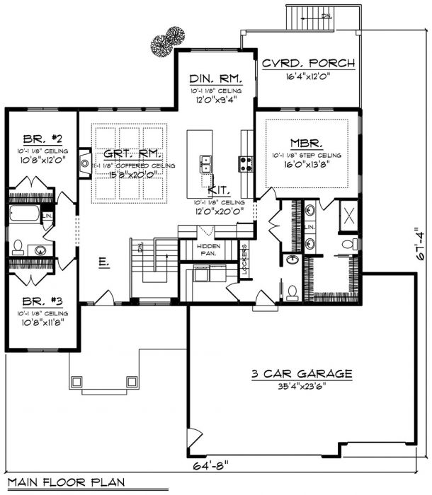    66419LL-front-3-craftsman-ranch-house-plans-walkout-basement-3253-square-feet